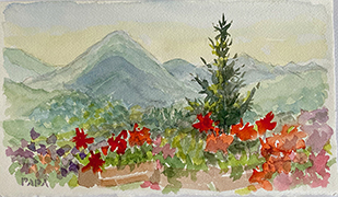 Papa painting, Morning Mountain View at Opi 2021